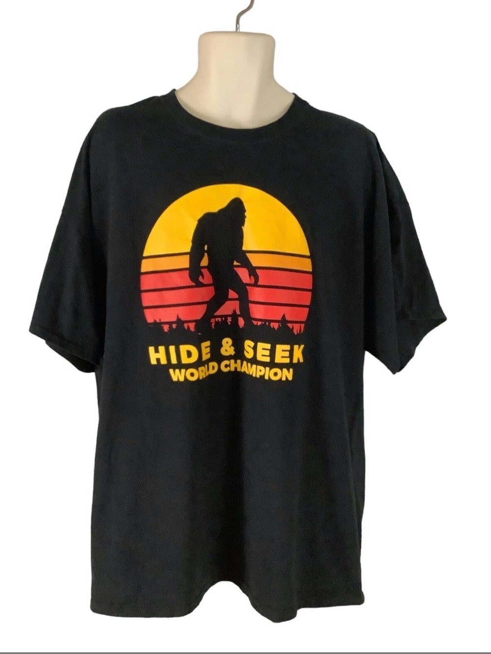 Port and Company Black Tee with Yellow & Red Sunset Sasquatch Graphic Size XXL